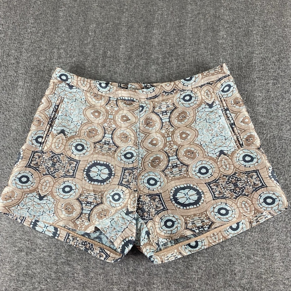 H&M Conscious Jacquard Shorts Women US 8 Beige Blue Boho Pattern Metallic